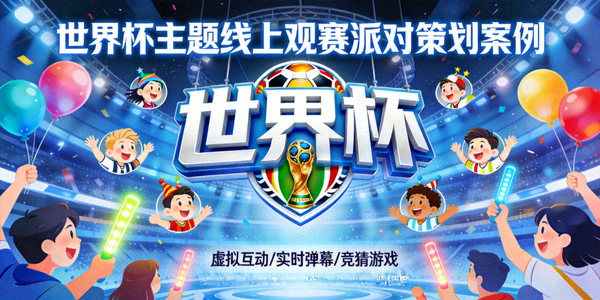世界杯主题线上观赛派对策划案例 - 虚拟会场中有巨大的世界杯标志和欢呼的观众头像